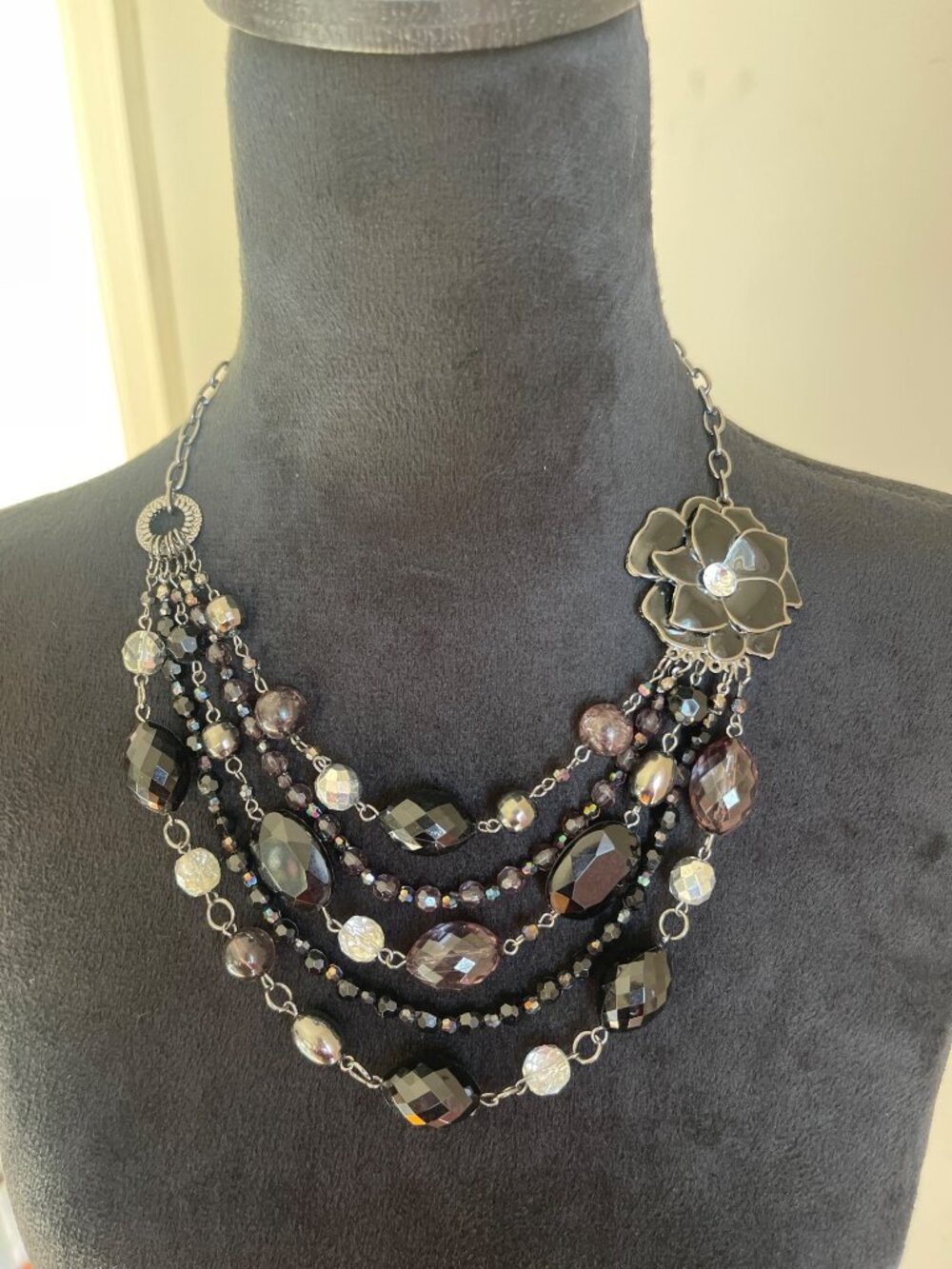 Black Silver Multi Layer Beaded Statement Necklace Flower Accent Whimsigoth Y2K